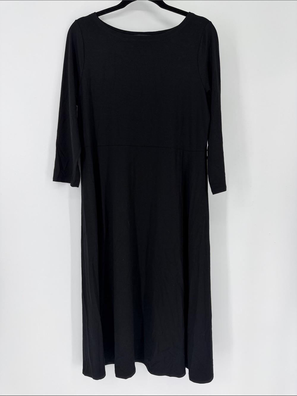 Eileen Fisher Black Midi Dress M Stretch Viscose 3/4 Sleeve Minimalist